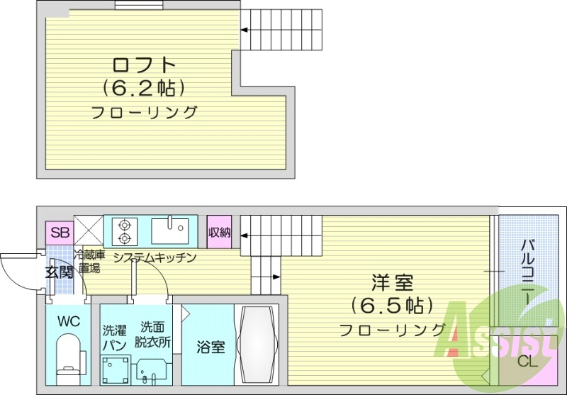 1K、角部屋、システムキッチン、浴室乾燥機、シャワートイレ。