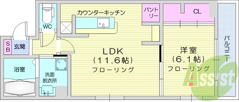 1LDK、パントリー、バルコニー、浴室乾燥機、都市ガス