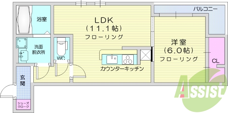 1LDK、パントリー、バルコニー、浴室乾燥機、都市ガス
