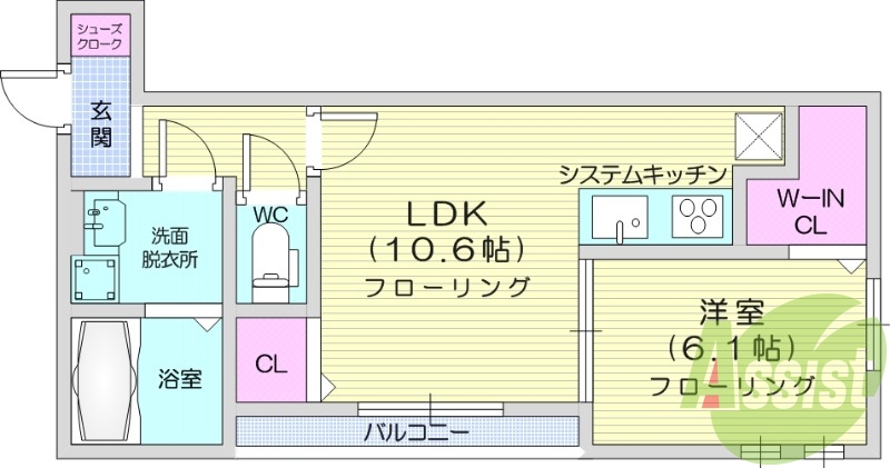 1LDK、パントリー、バルコニー、浴室乾燥機、都市ガス