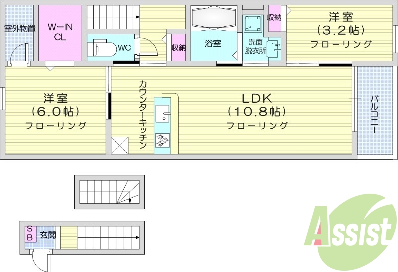 2LDK、エアコン、ネット無料。都市ガス、追い焚き、浴室乾燥
