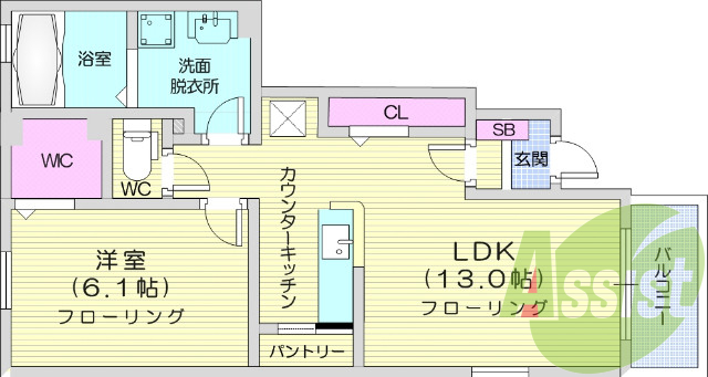 １LDK、追い焚き、浴室乾燥機、カウンターキッチン