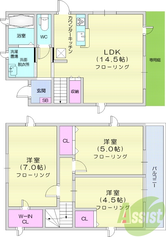 3LDK、ペット飼育可、戸建て、専用庭。