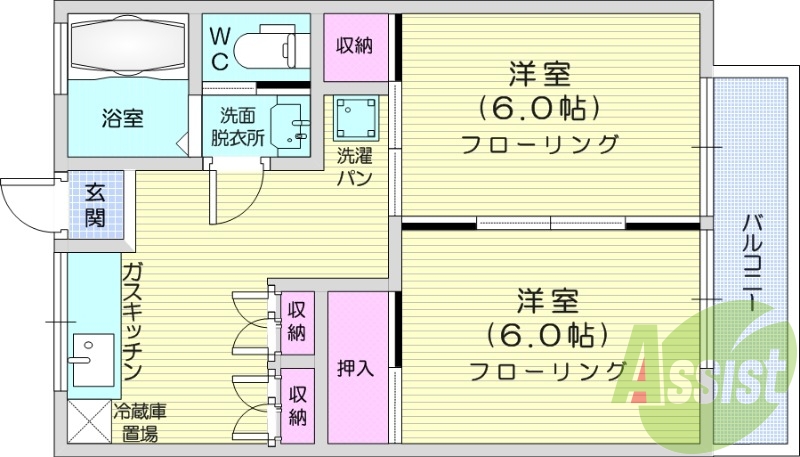 2DK、追い炊き機能付き、バス・トイレ別、コンロ設置可能