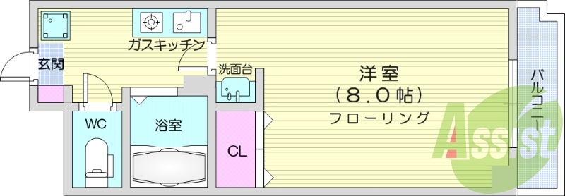 １Ｋ、バルコニー、ガスキッチン、クローゼット、バストイレ同室