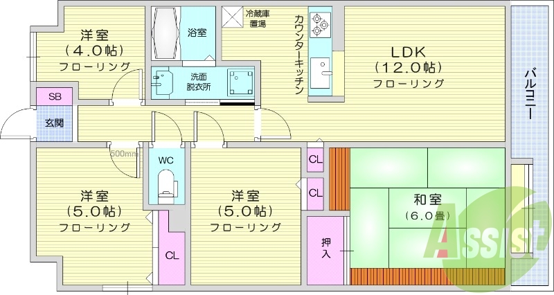 4LDK、システムキッチン、都市ガス、独立洗面台