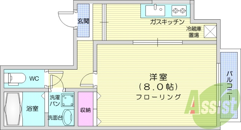 1K、温水洗浄便座、独立洗面台、専用庭。