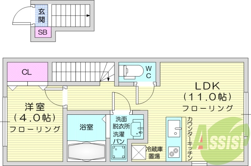 白を基調としたオシャレ内装、広々１LDK
