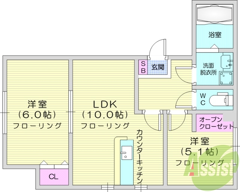 2LDK、エアコン、室内洗濯機場、トイレ浴室別、収納