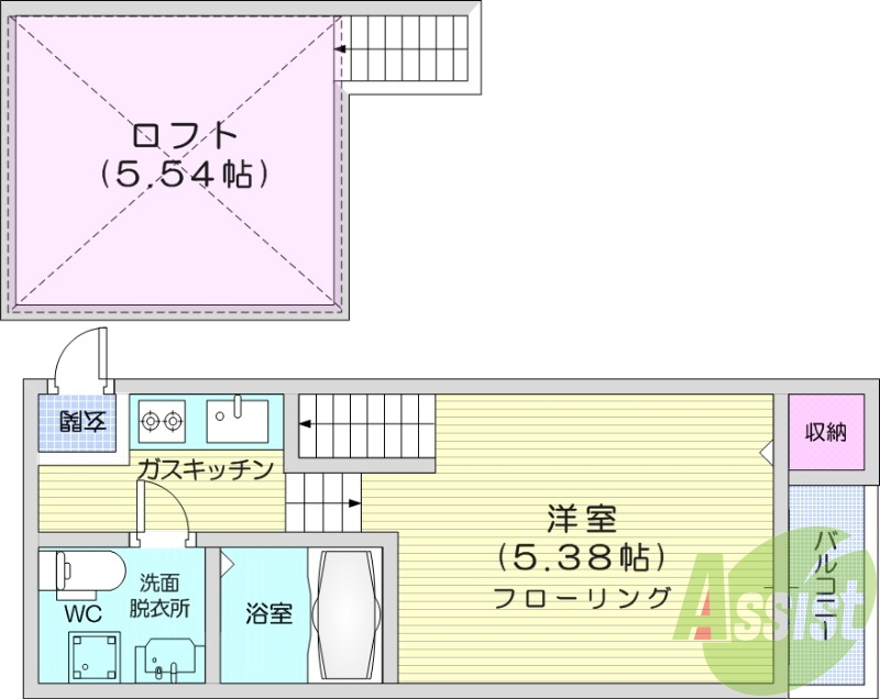 1K、ロフト、室内洗濯機置場、独立洗面台