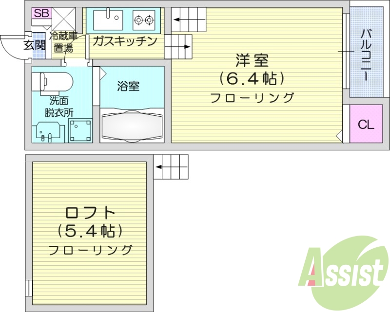 1R+ロフト、バルコニー、洗面所独立、ロフト