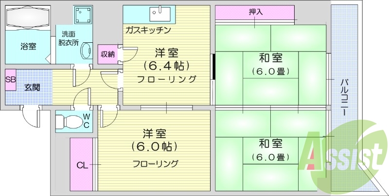 3DK、バルコニー、洗面所独立、バストイレ別