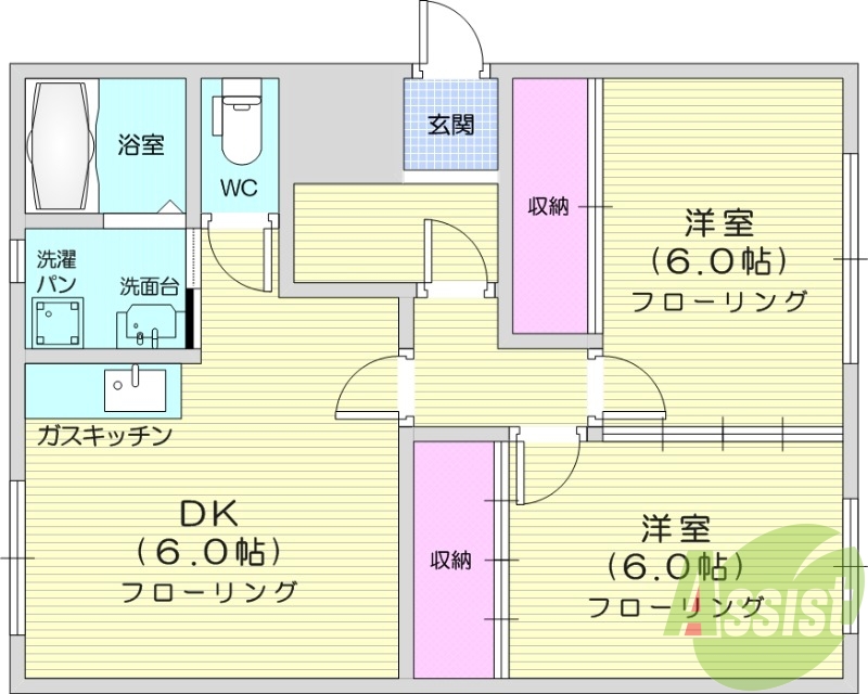 2DK、都市ガス、バストイレ別、独立洗面台