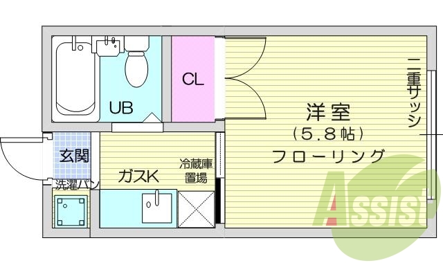 １K、収納、室内洗濯機置き場、エアコン、照明付き、洋室