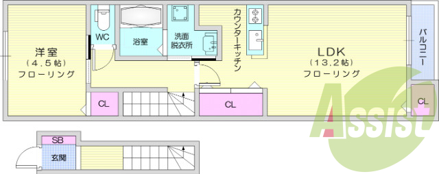 1LDK、南向き、追焚機能、シャワー付洗面化粧台、バルコニー