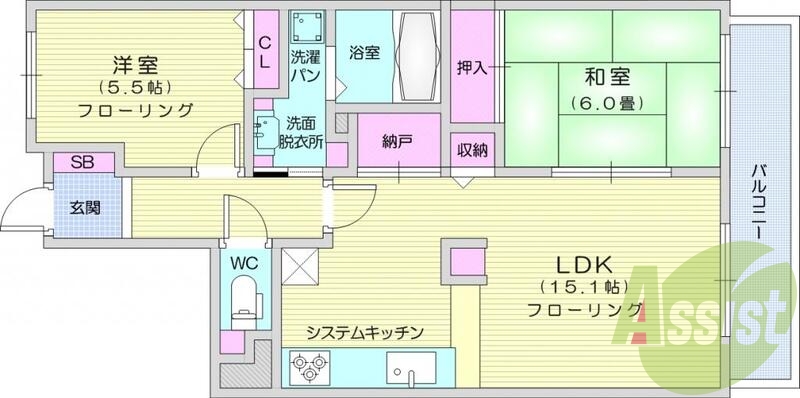 2SLDK、南向き、システムキッチン、エアコン、バルコニー