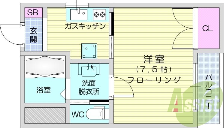 1K、エアコン、インターホン、バストイレ別