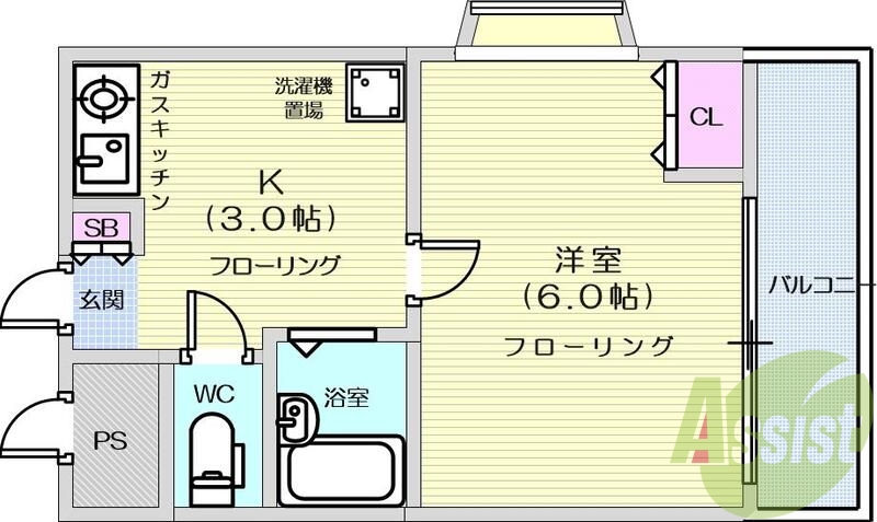 1K、バス・トイレ別、エアコン、バルコニー、エレベーター