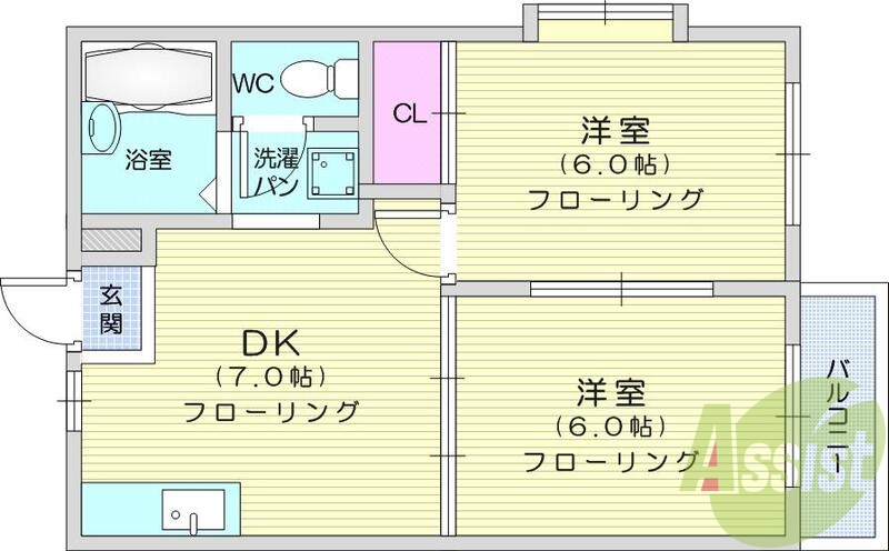 2DKエアコン、角部屋、最上階、出窓、プロパンガス、洗濯機置