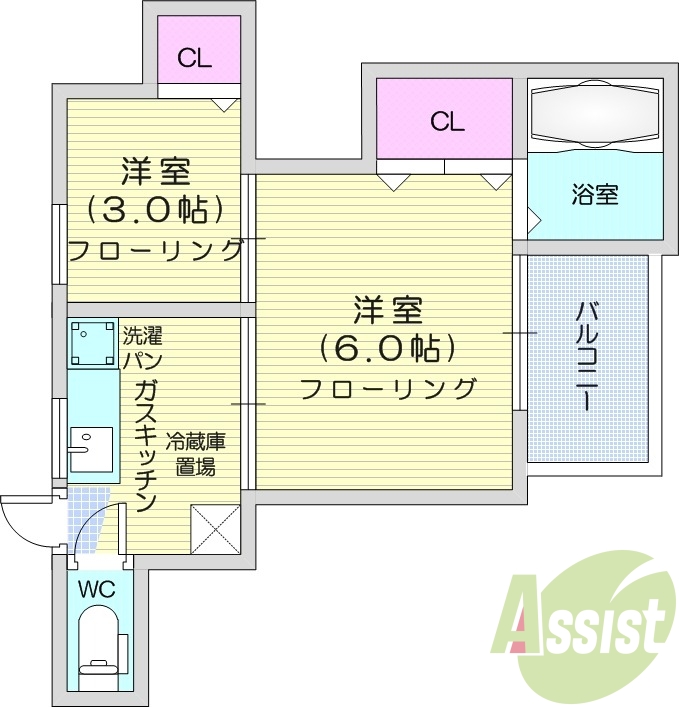 2K、バストイレ別、フローリング、収納スペース、バルコニー