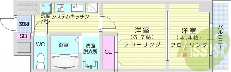 2K、バストイレ別、エアコン、システムキッチン