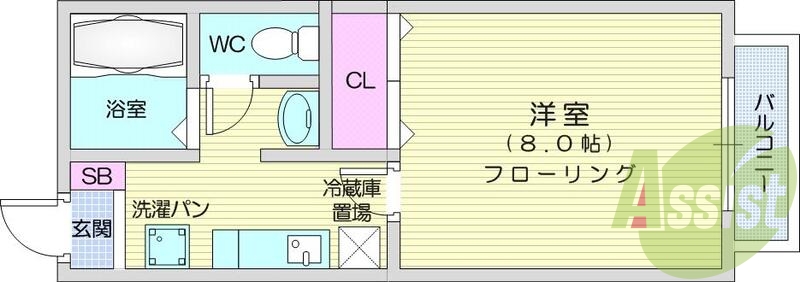 1K、南向き、バス・トイレ別、エアコン、バルコニー