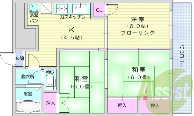 3K、南向き、バス・トイレ別、バルコニー、最上階
