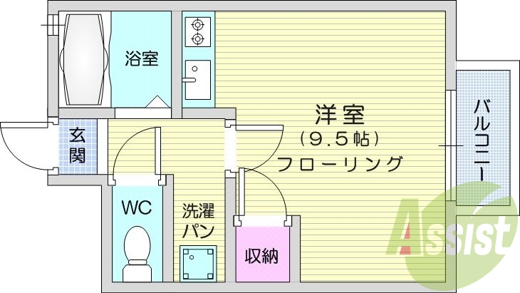 1R、南向き、バス・トイレ別、バルコニー、エアコン