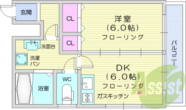1DK、シャワー付き洗面台、温水洗浄便座、バストイレ別