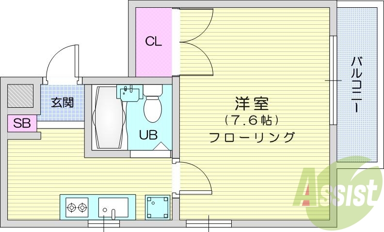 １Ｋ、角部屋、都市ガス、ＢＳ端子付きです。