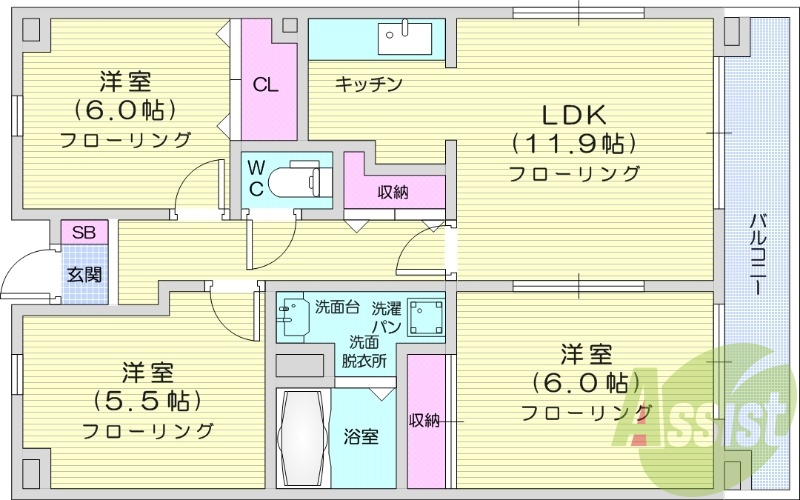 3LDK、南向き、バス・トイレ別、バルコニー、エアコン