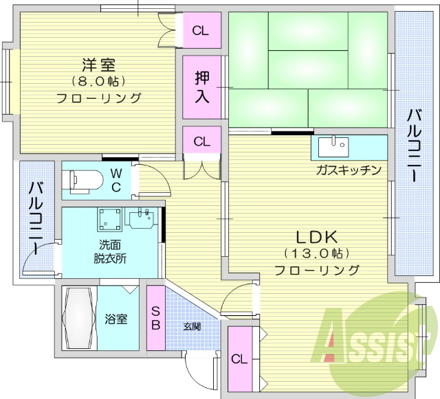 2LDK、都市ガス、和室、洗面台、フローリング、南向き
