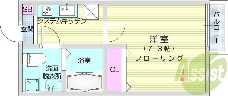 1K、南向き、バス・トイレ別、エアコン、バルコニー