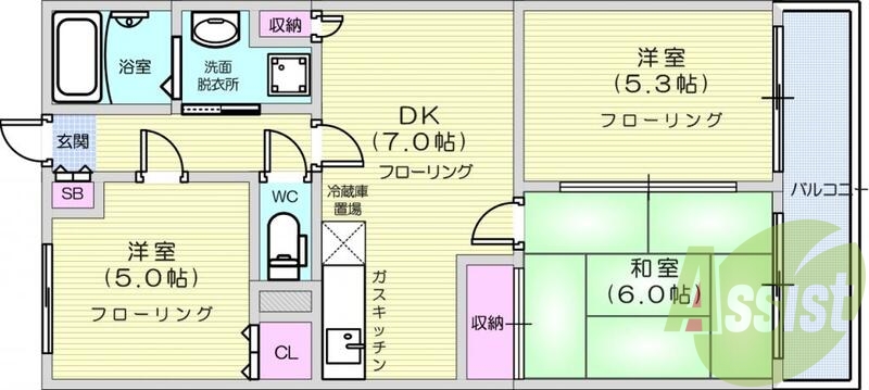 3DK、エアコン、室内洗濯機置場、トイレ浴室別、クローゼット