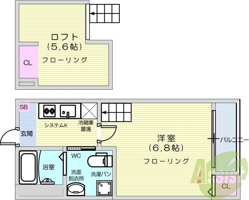 1K・ロフト・ネット無料・追い焚き・浴室乾燥・システムK