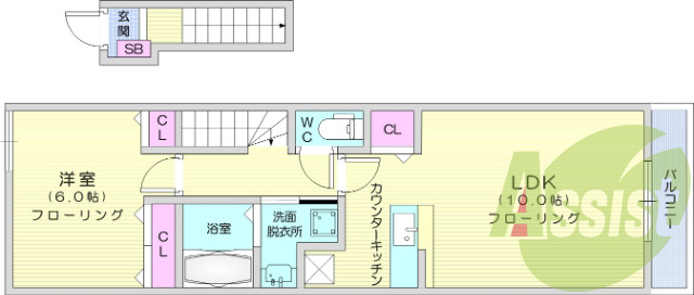 1LDK、カウンターキッチン、バストイレ別、浴室乾燥機付き