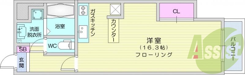 １R、セパレート、ベランダ、洗濯機置き場、セパレート
