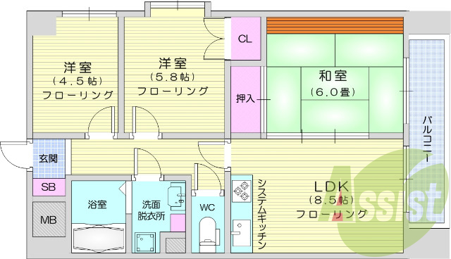 3LDK、エアコン、室内洗濯機置場、トイレ浴室別