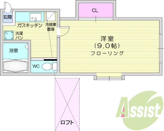 １K、バス・トイレ別、ロフト付、角部屋。