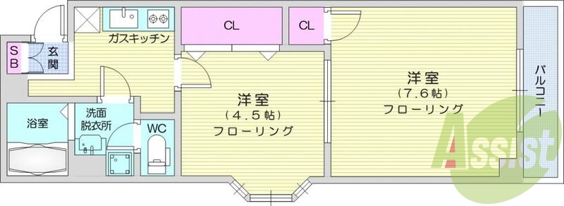 2K、角部屋、システムキッチン、オートロック、エアコン