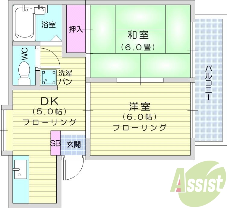 2DK、エアコン、室内洗濯機置場、トイレ浴室別、クローゼット