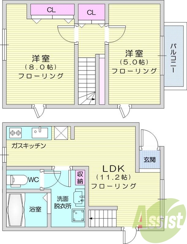 2ldk、バルコニー、モニター付きインターホン