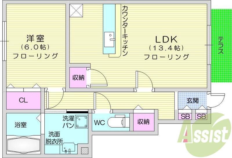 1LDK、エアコン、バストイレ別、システムキッチン、都市ガス