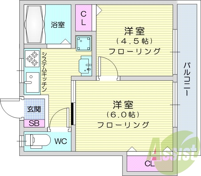 2K、システムキッチン、追い焚き、洗面化粧台、エアコン