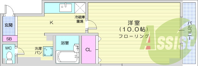 1K、都市ガス、角部屋、オートロック、バストイレ別