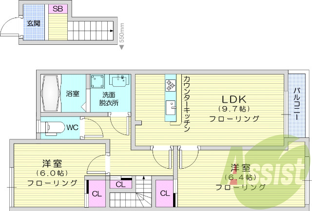 1LDK、エアコン2台、カウンターキッチン、追い焚き