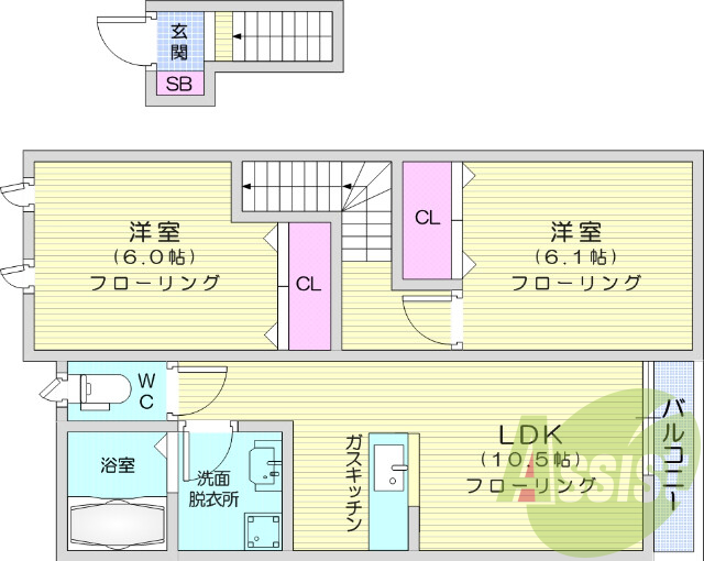 2LDK、都市ガス、バルコニー、モニターホン、エアコン
