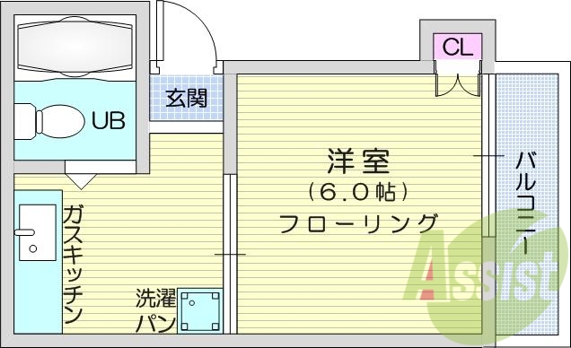 1Ｋ、都市ガス、バランス釜、シャワー、エアコン、洗濯機置場