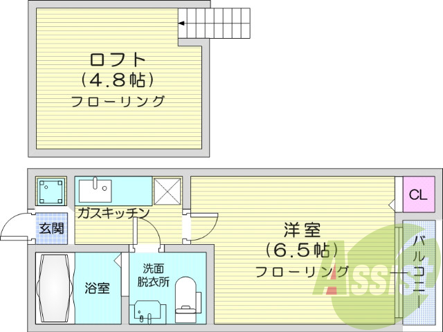 1Ｋ、ロフト付き、フローリング、エアコン、ＴＶインターホン