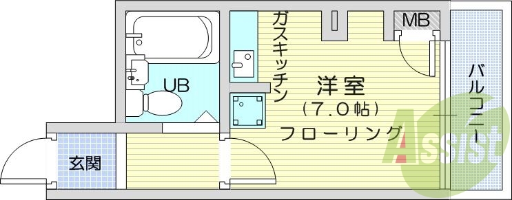 1R、都市ガス、エアコン、モニタ付きインターホン